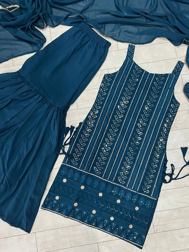 Teal Blue Elegant Pure Lukhnowi Embroidered Georgette Kurta Sharara Dupatta Set