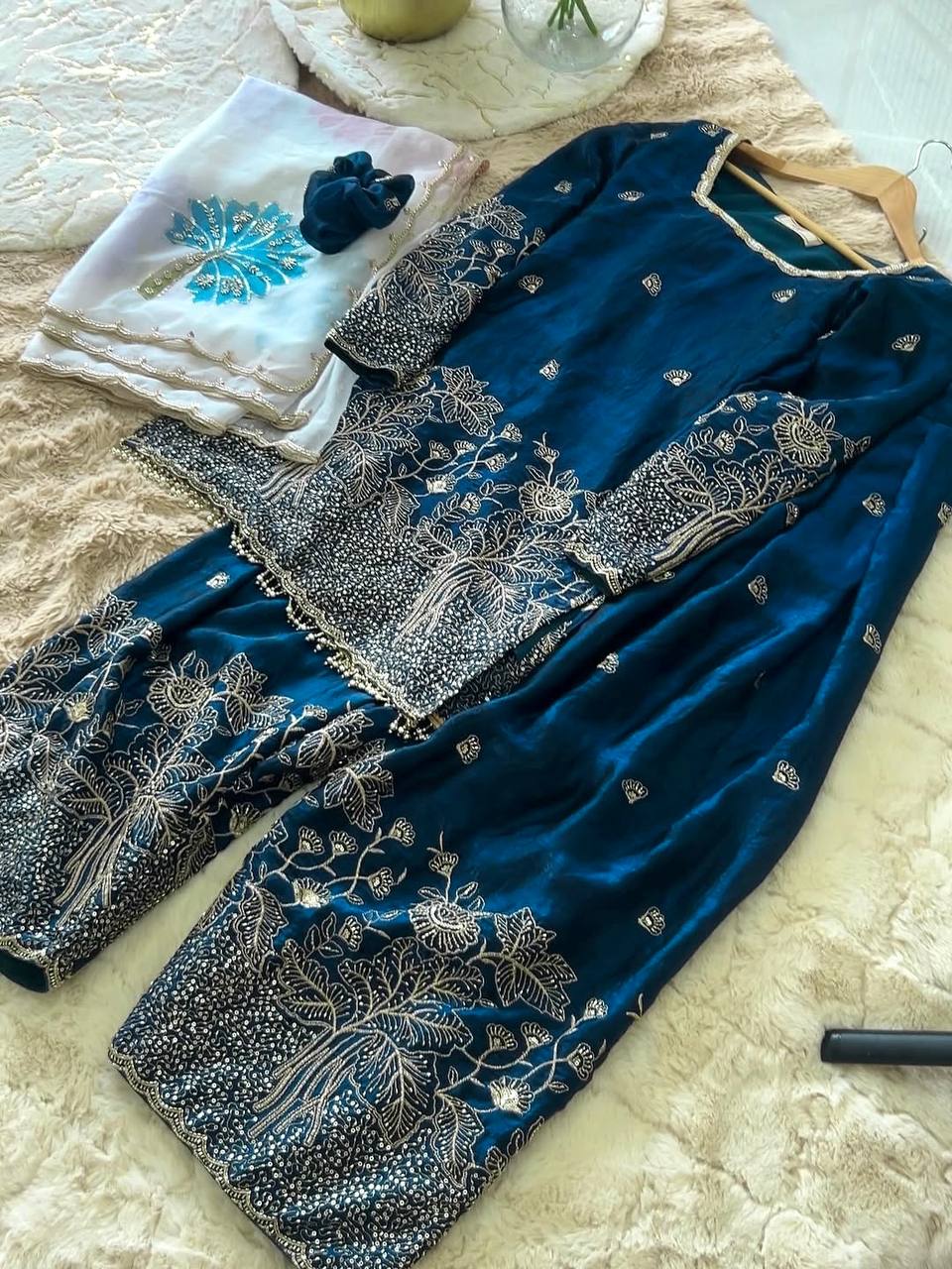 Teal Blue Embroidered Farshi Palazzo Set ClothsVilla