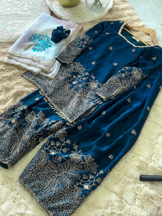 Teal Blue Embroidered Farshi Palazzo Set ClothsVilla