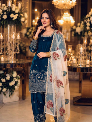 Teal Blue Embroidered Farshi Palazzo Set ClothsVilla