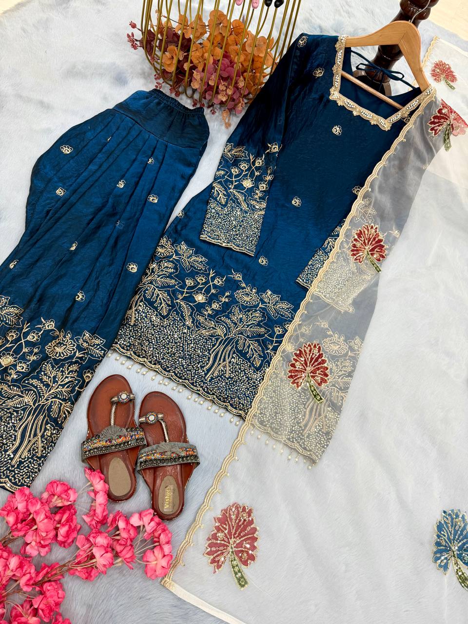Teal Blue Embroidered Farshi Palazzo Set ClothsVilla