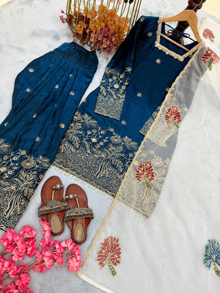 Teal Blue Embroidered Farshi Palazzo Set ClothsVilla