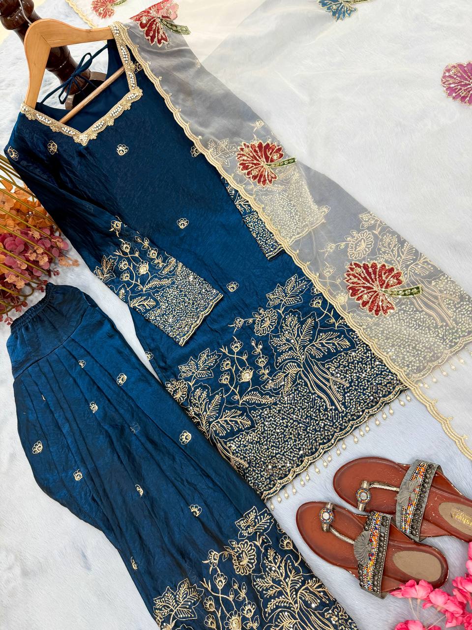 Teal Blue Embroidered Farshi Palazzo Set ClothsVilla