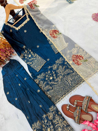Teal Blue Embroidered Farshi Palazzo Set ClothsVilla