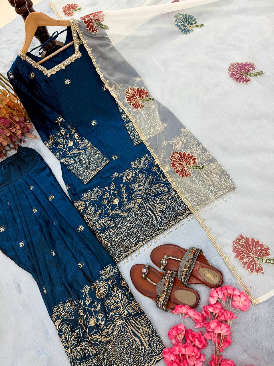 Teal Blue Embroidered Farshi Palazzo Set ClothsVilla