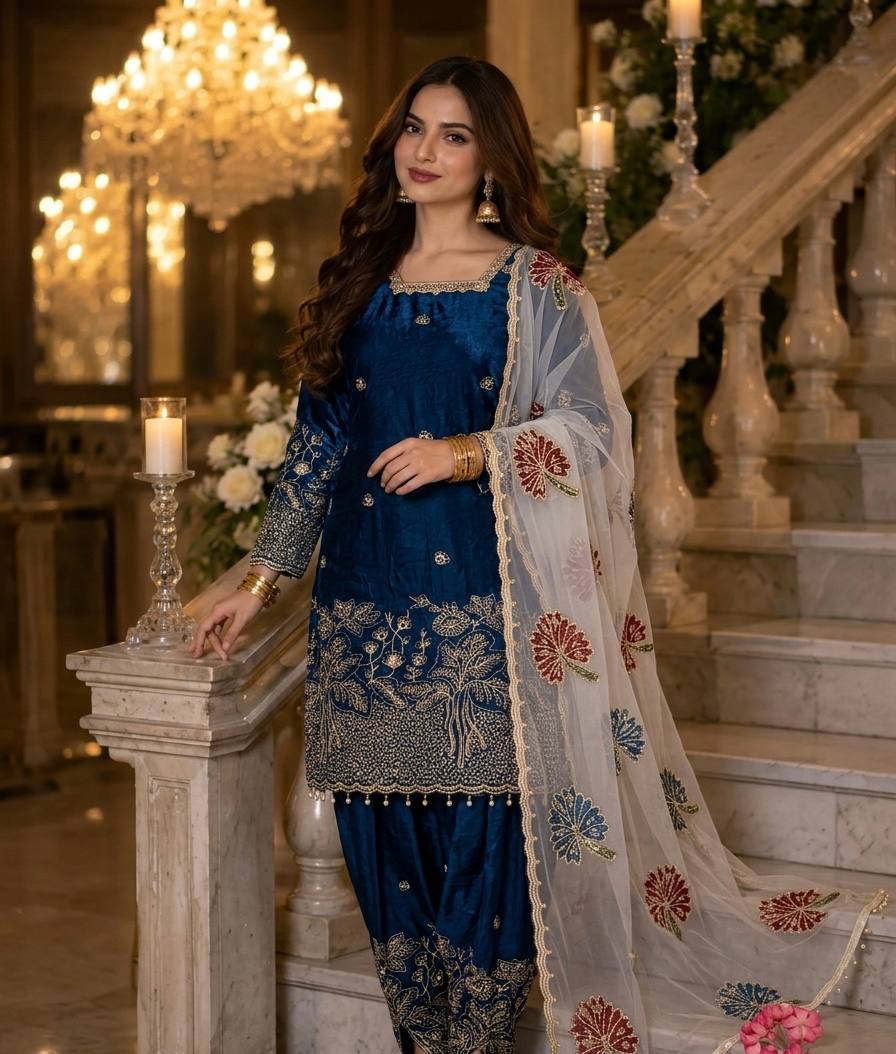 Teal Blue Embroidered Farshi Palazzo Set ClothsVilla
