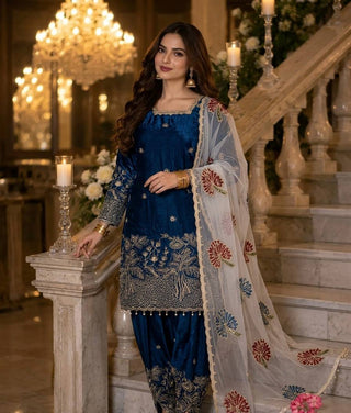 Teal Blue Embroidered Farshi Palazzo Set ClothsVilla