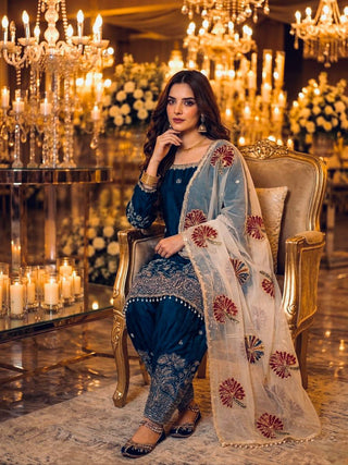 Teal Blue Embroidered Farshi Palazzo Set ClothsVilla