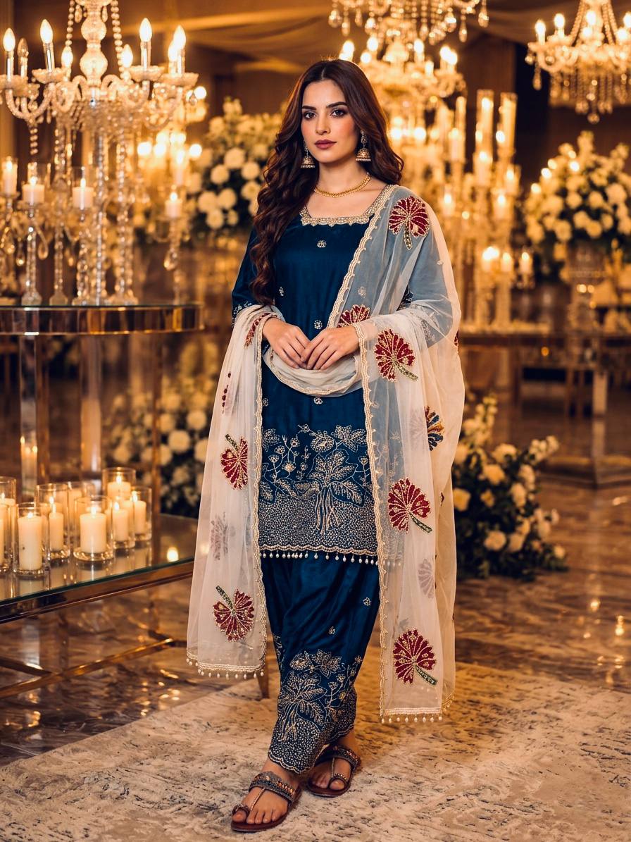 Teal Blue Embroidered Farshi Palazzo Set ClothsVilla
