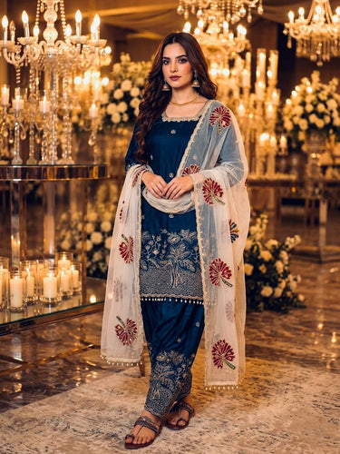 Teal Blue Embroidered Farshi Palazzo Set ClothsVilla