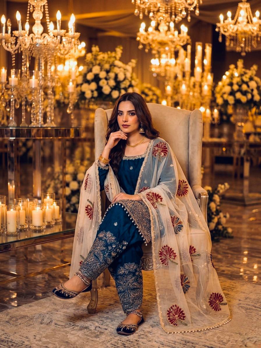 Teal Blue Embroidered Farshi Palazzo Set ClothsVilla