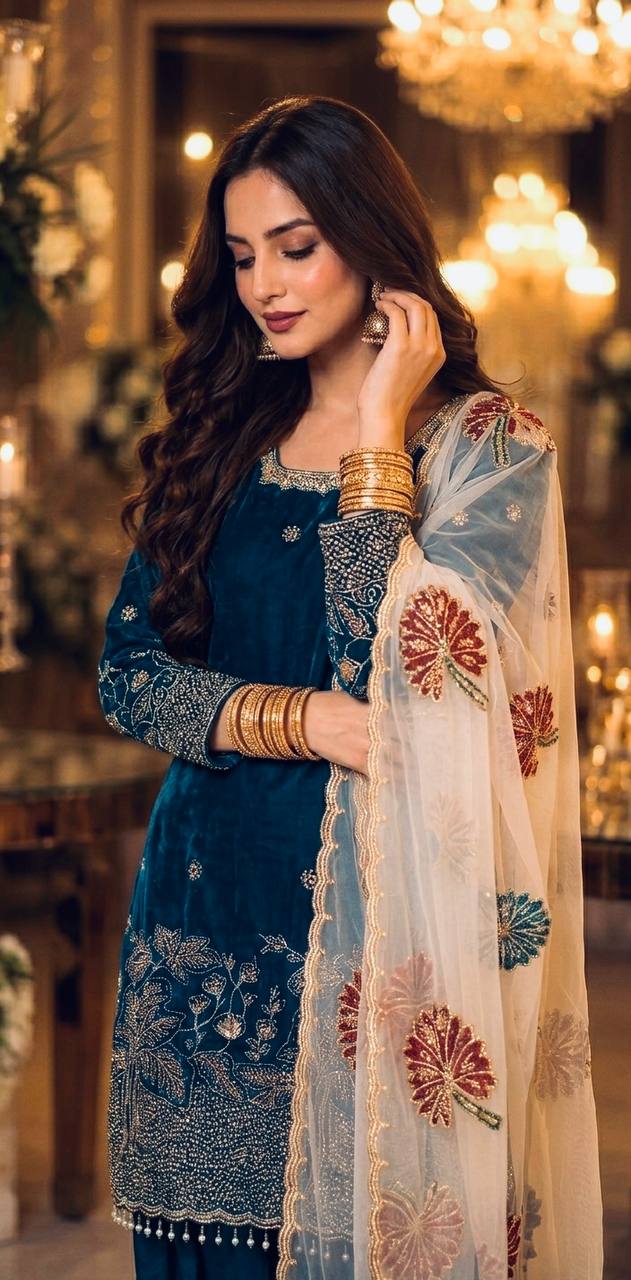Teal Blue Embroidered Farshi Palazzo Set ClothsVilla