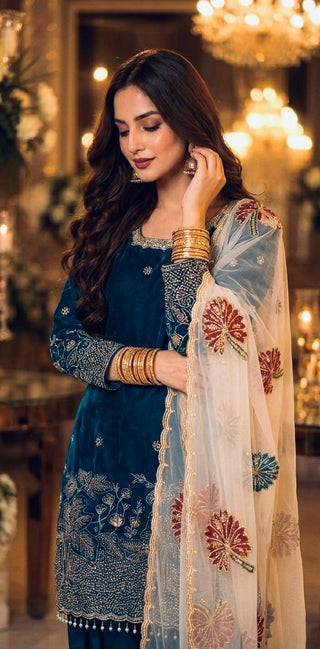 Teal Blue Embroidered Farshi Palazzo Set ClothsVilla