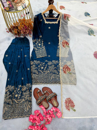 Teal Blue Embroidered Farshi Palazzo Set ClothsVilla