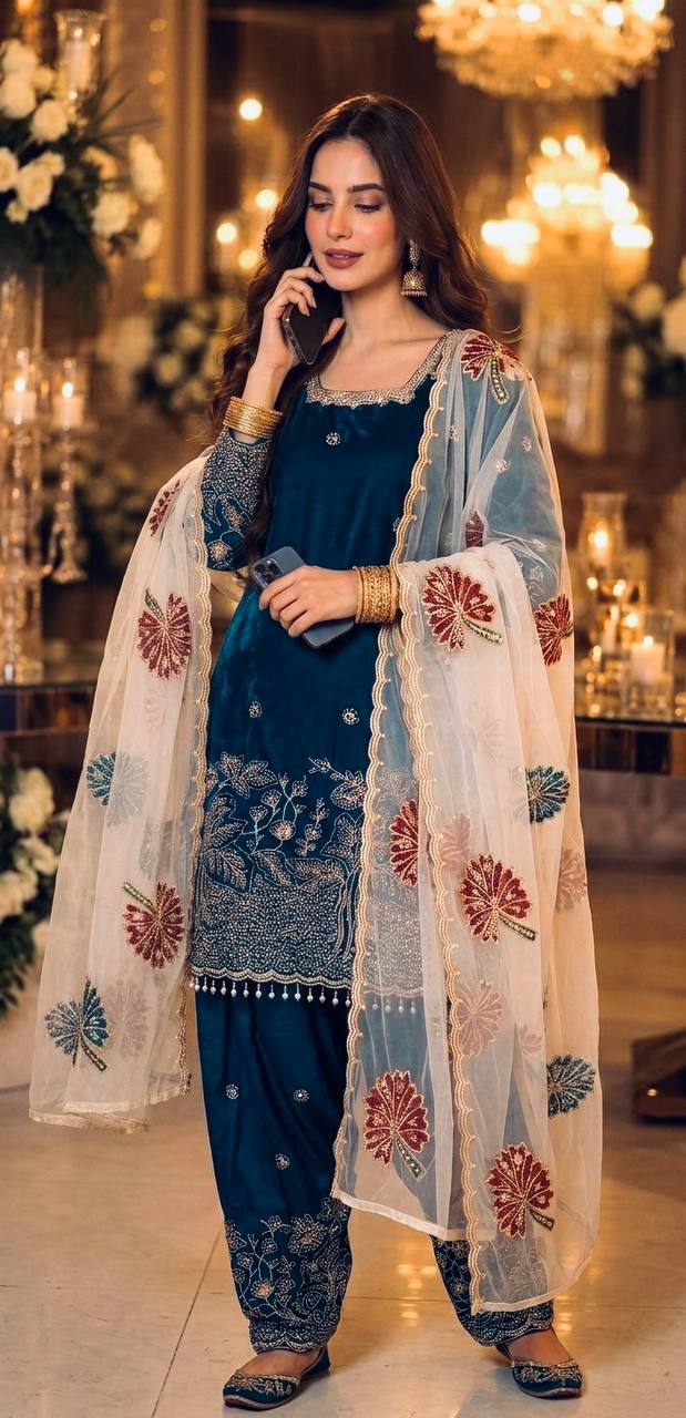 Teal Blue Embroidered Farshi Palazzo Set ClothsVilla