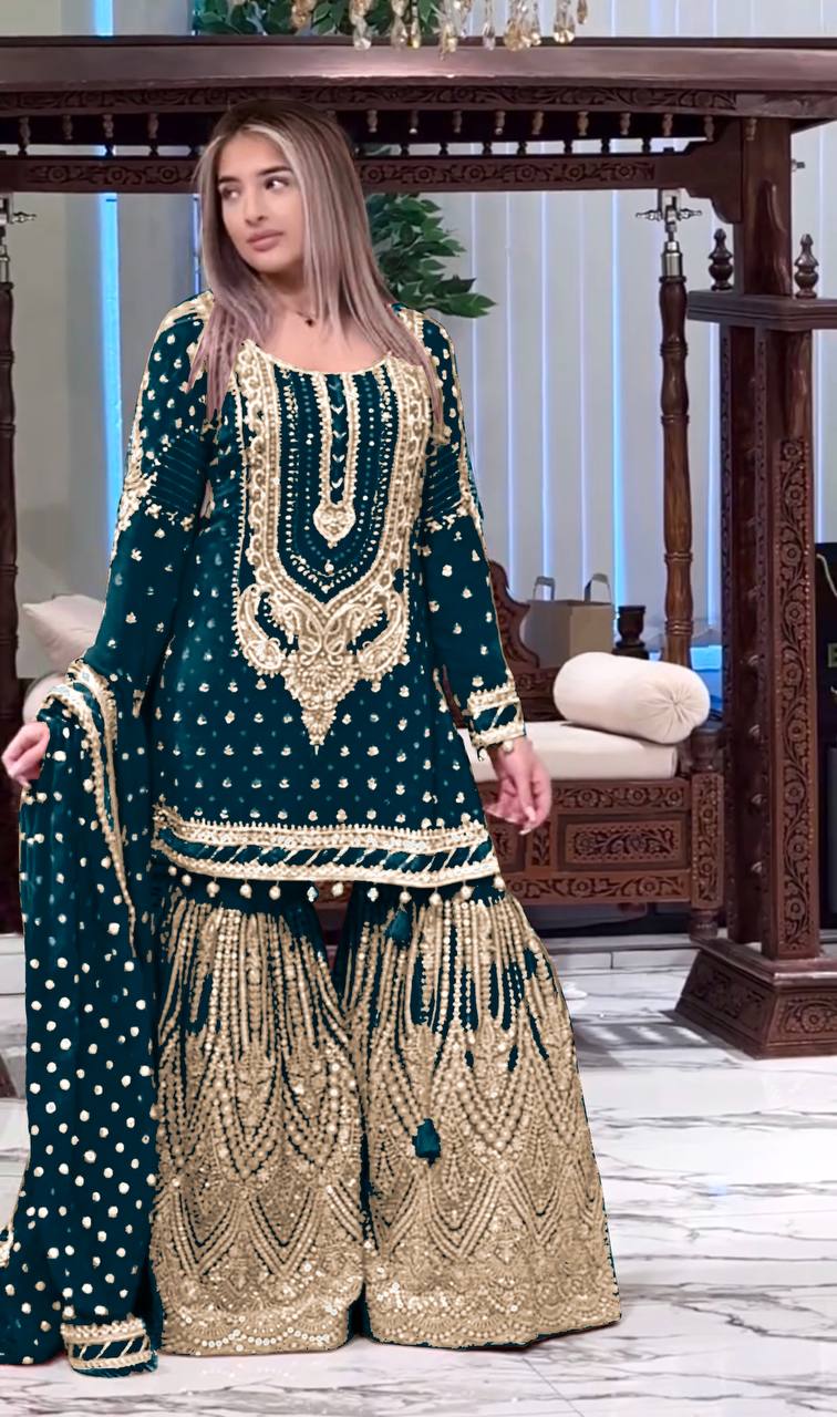 Teal Blue Embroidered Faux Georgette Plazzo Set with Sequins Work & Lace Dupatta ClothsVilla