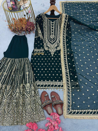 Teal Blue Embroidered Faux Georgette Plazzo Set with Sequins Work & Lace Dupatta ClothsVilla