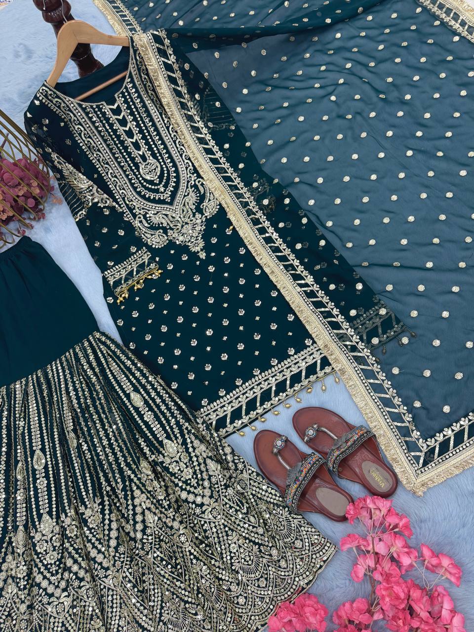 Teal Blue Embroidered Faux Georgette Plazzo Set with Sequins Work & Lace Dupatta ClothsVilla