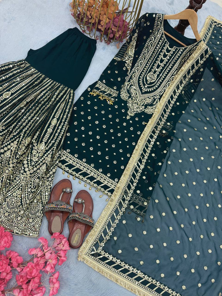 Teal Blue Embroidered Faux Georgette Plazzo Set with Sequins Work & Lace Dupatta ClothsVilla