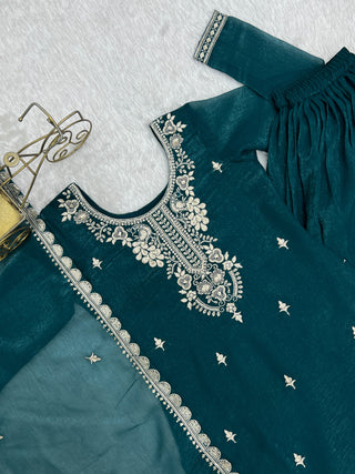 Teal Blue Embroidered Kurta Sharara Set ClothsVilla