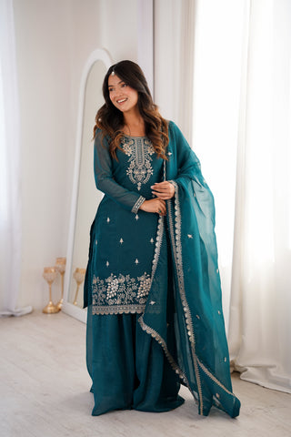 Teal Blue Embroidered Kurta Sharara Set ClothsVilla