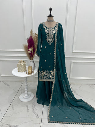 Teal Blue Embroidered Kurta Sharara Set ClothsVilla