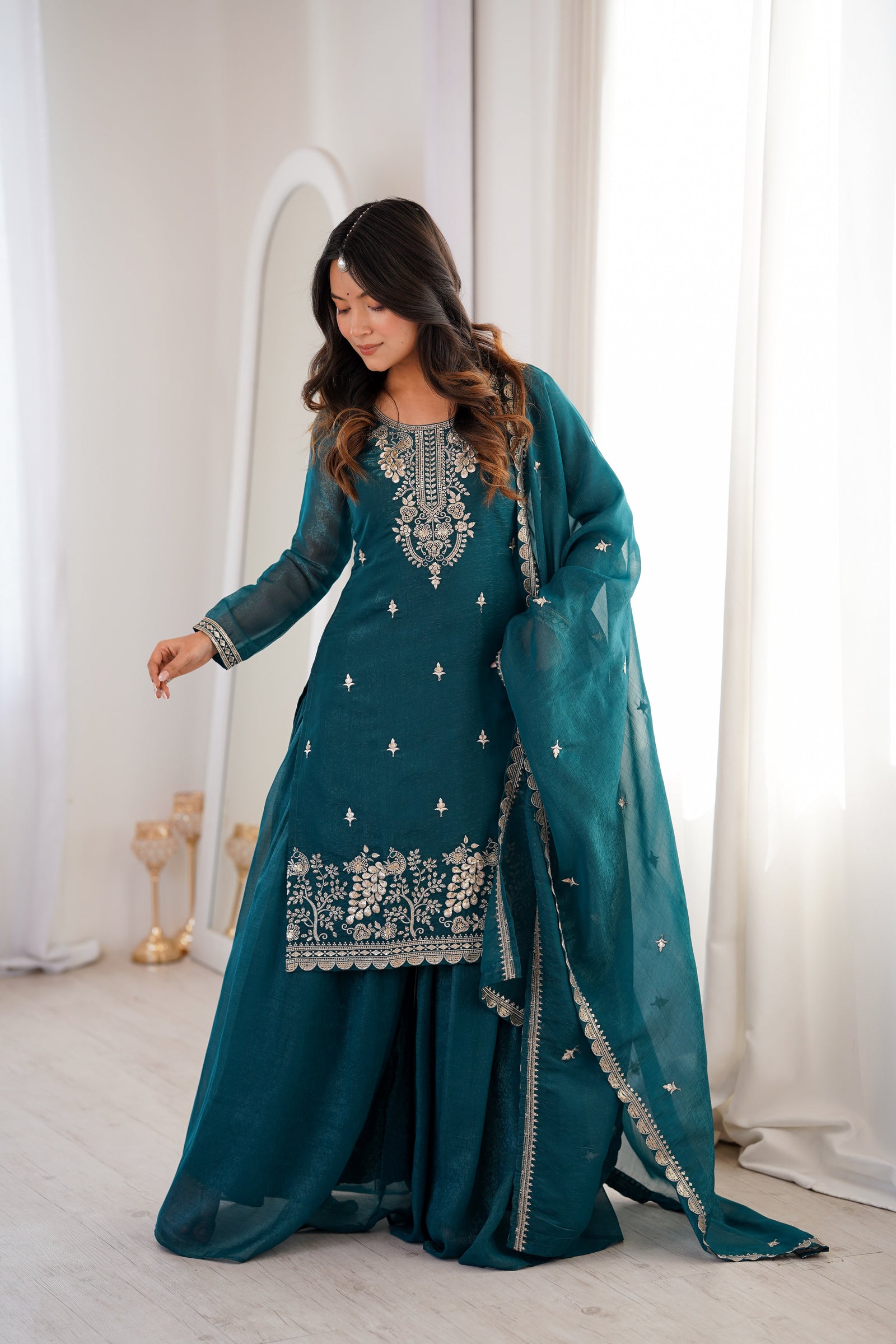 Teal Blue Embroidered Kurta Sharara Set ClothsVilla