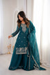 Load image into Gallery viewer, Teal Blue Embroidered Kurta Sharara Set ClothsVilla
