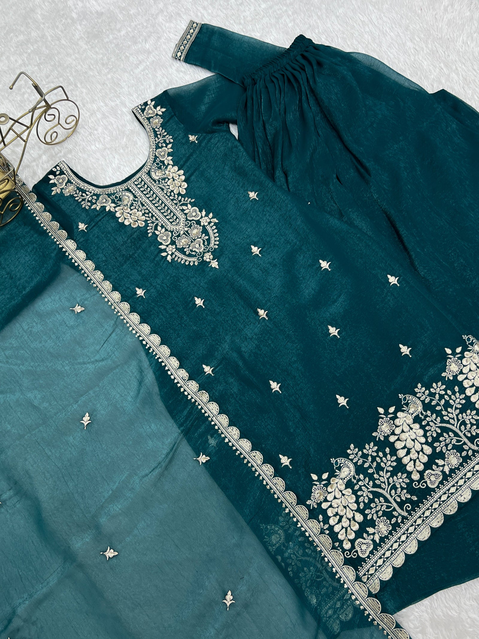 Teal Blue Embroidered Kurta Sharara Set ClothsVilla