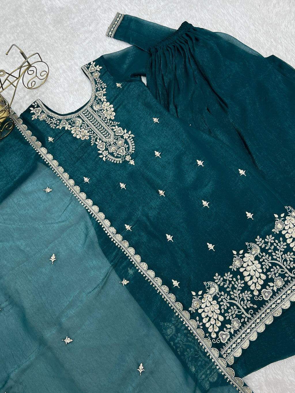 Teal Blue Embroidered Kurta Sharara Set ClothsVilla
