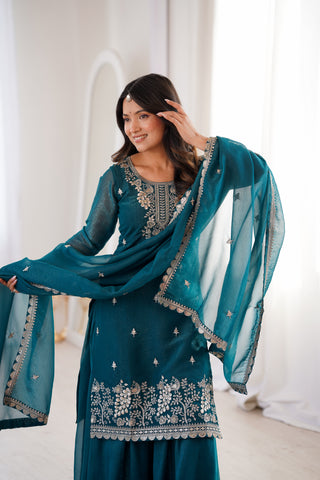 Teal Blue Embroidered Kurta Sharara Set ClothsVilla