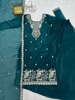 Teal Blue Embroidered Kurta Sharara Set ClothsVilla