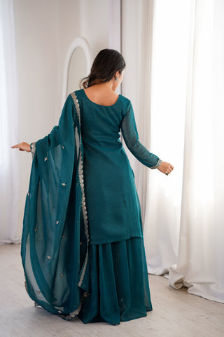 Teal Blue Embroidered Kurta Sharara Set ClothsVilla