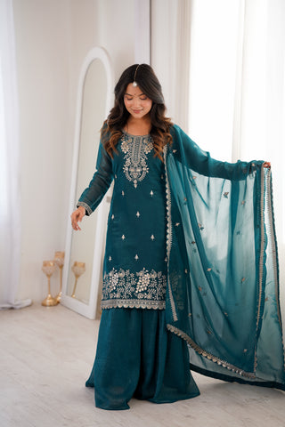 Teal Blue Embroidered Kurta Sharara Set ClothsVilla