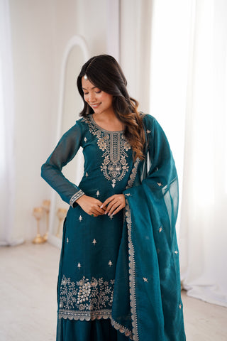 Teal Blue Embroidered Kurta Sharara Set ClothsVilla