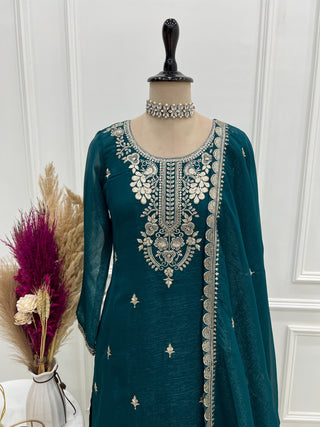 Teal Blue Embroidered Kurta Sharara Set ClothsVilla