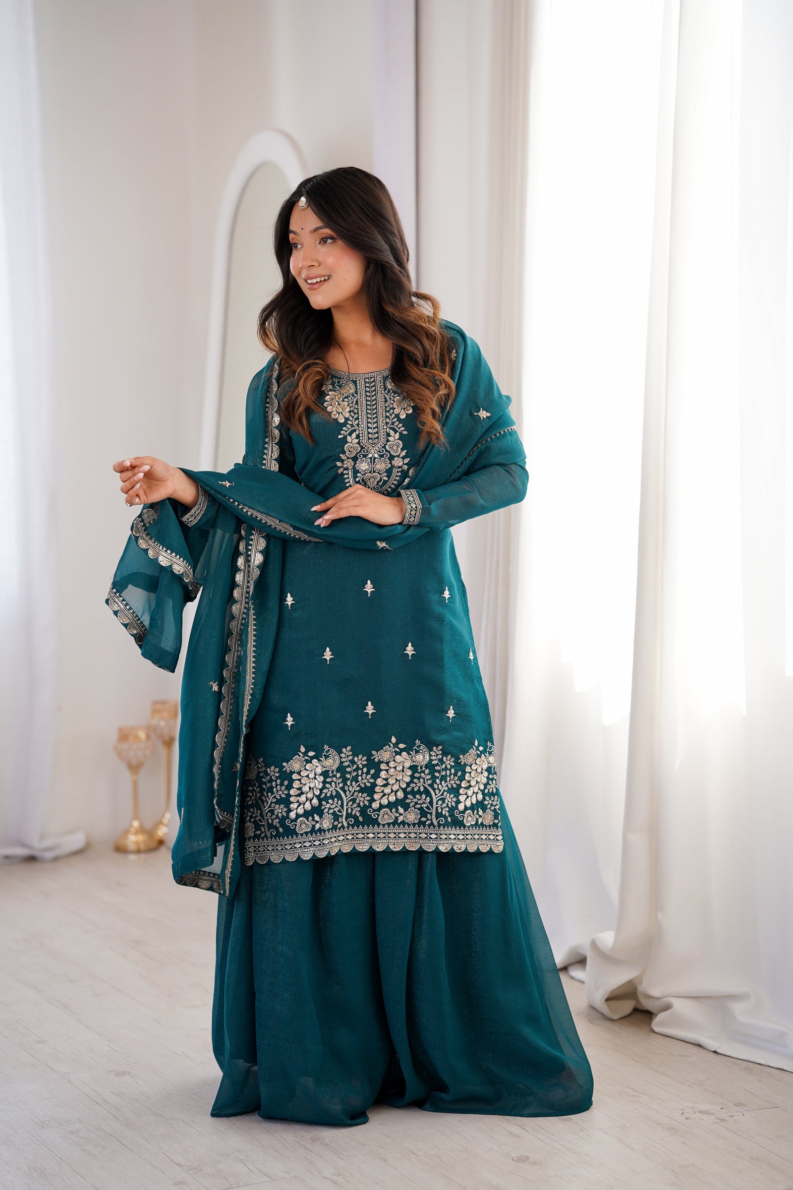 Teal Blue Embroidered Kurta Sharara Set ClothsVilla