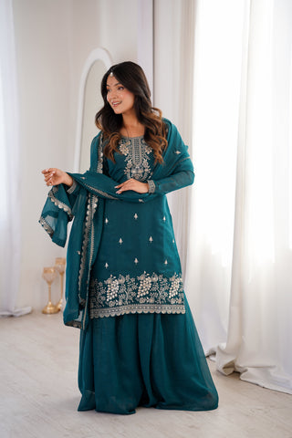 Teal Blue Embroidered Kurta Sharara Set ClothsVilla