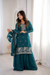 Load image into Gallery viewer, Teal Blue Embroidered Kurta Sharara Set ClothsVilla