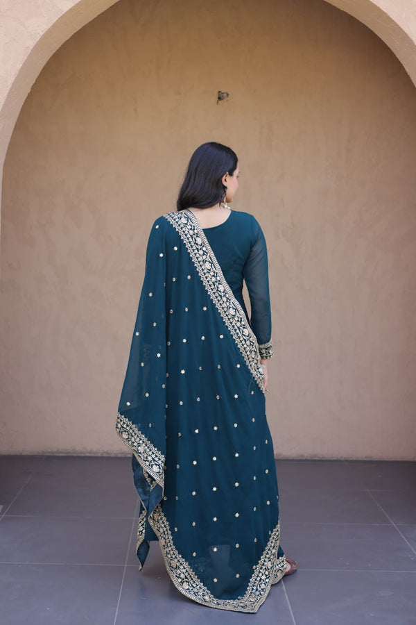 Teal Blue Embroidered Multi-Sequin Gown ClothsVilla