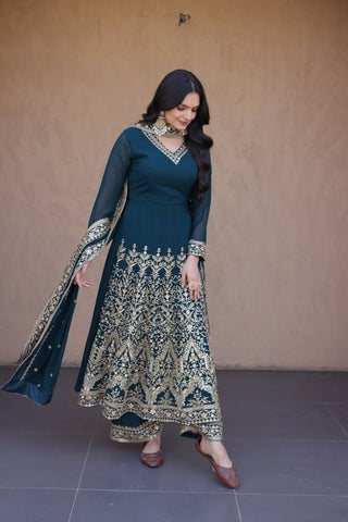 Teal Blue Embroidered Multi-Sequin Gown ClothsVilla