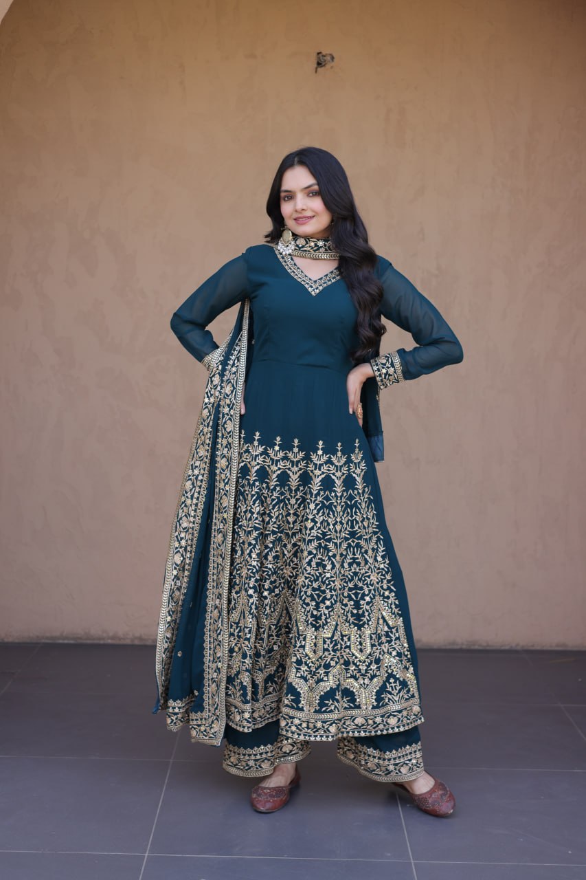 Teal Blue Embroidered Multi-Sequin Gown ClothsVilla