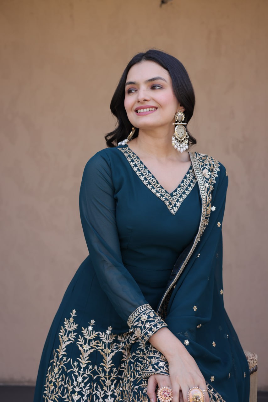 Teal Blue Embroidered Multi-Sequin Gown ClothsVilla
