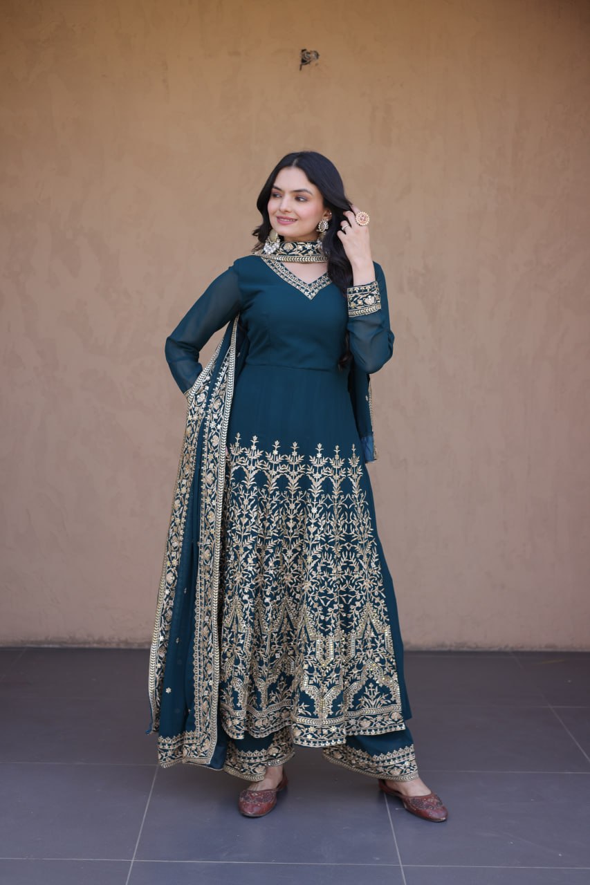 Teal Blue Embroidered Multi-Sequin Gown ClothsVilla