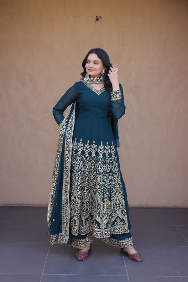 Teal Blue Embroidered Multi-Sequin Gown ClothsVilla