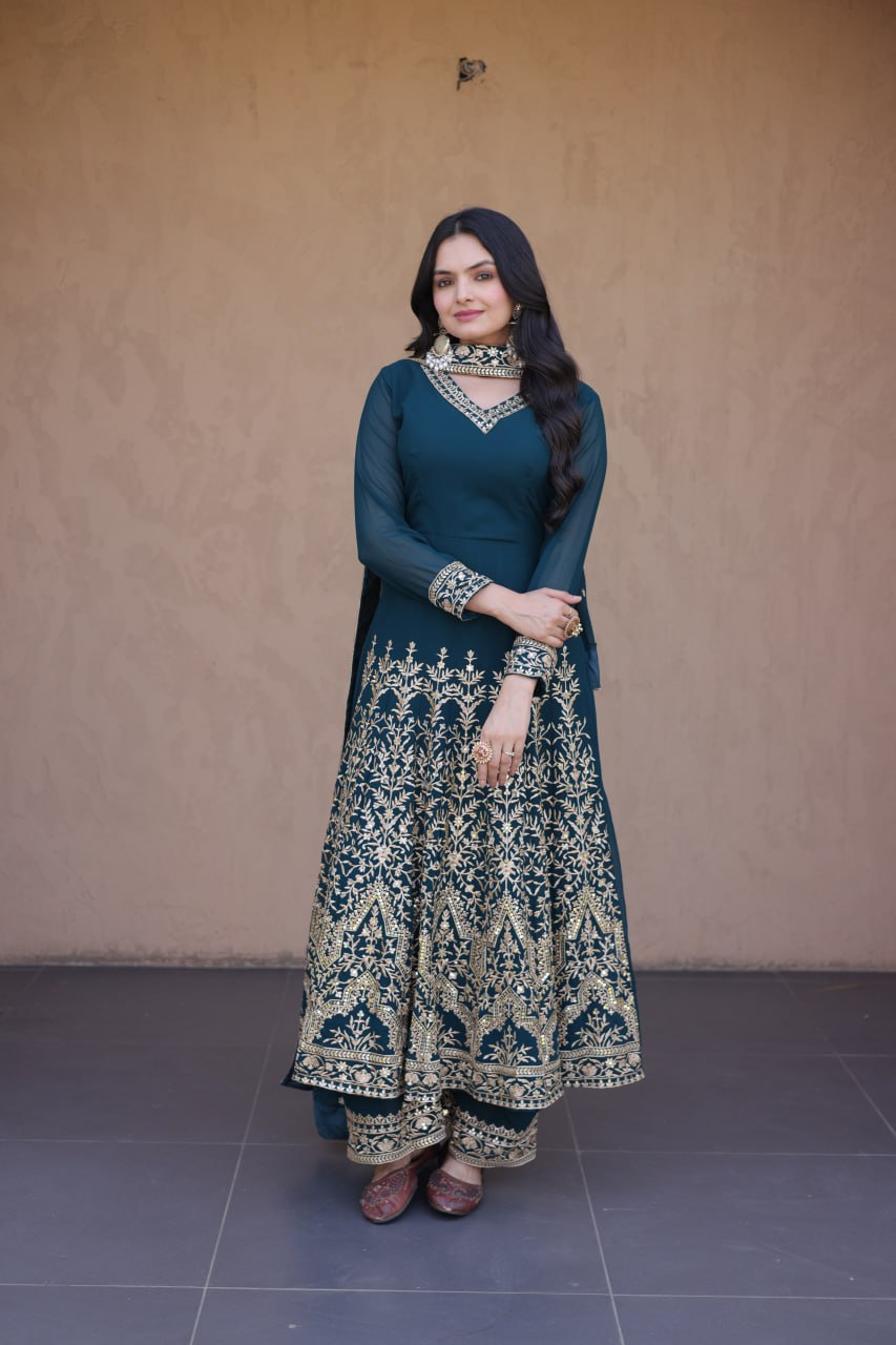 Teal Blue Embroidered Multi-Sequin Gown ClothsVilla