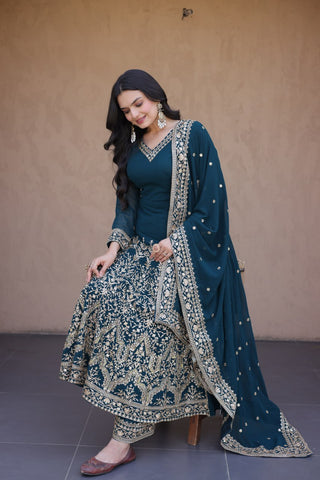 Teal Blue Embroidered Multi-Sequin Gown ClothsVilla
