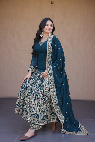 Teal Blue Embroidered Multi-Sequin Gown ClothsVilla