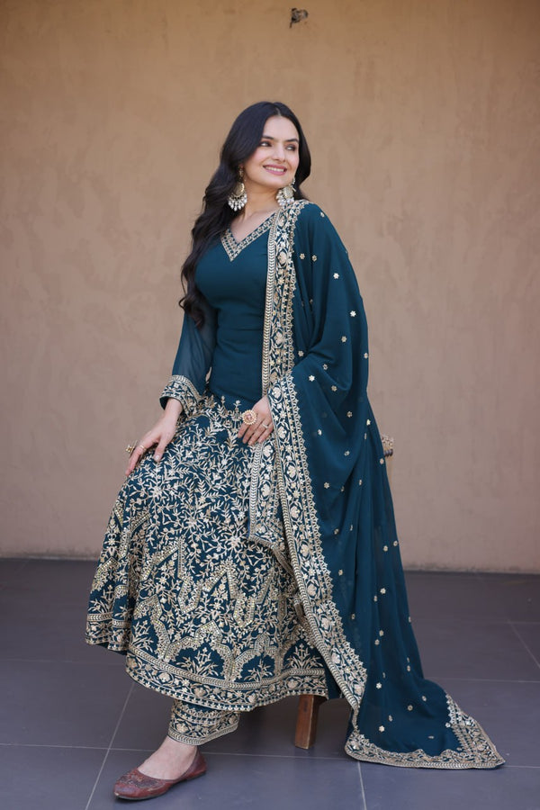 Teal Blue Embroidered Multi-Sequin Gown ClothsVilla