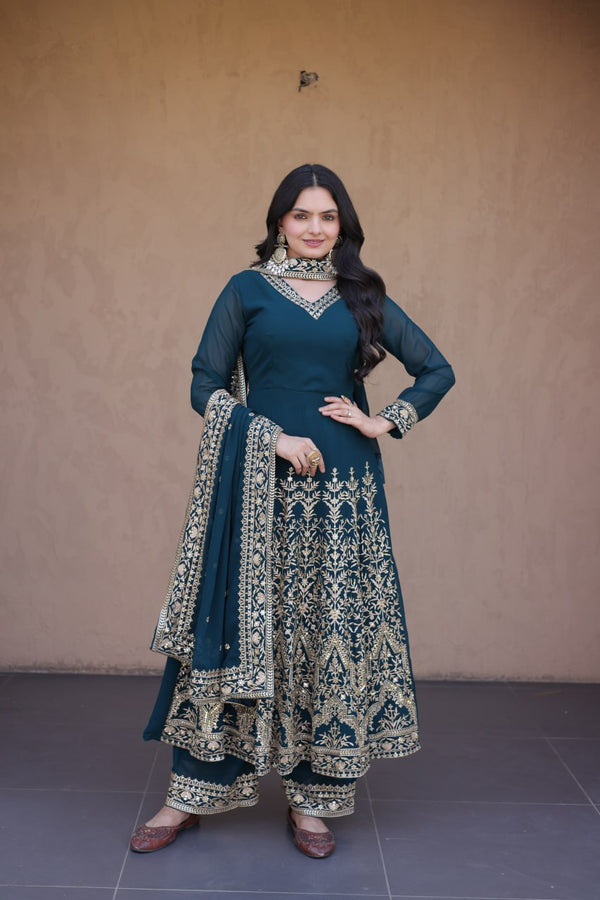 Teal Blue Embroidered Multi-Sequin Gown ClothsVilla